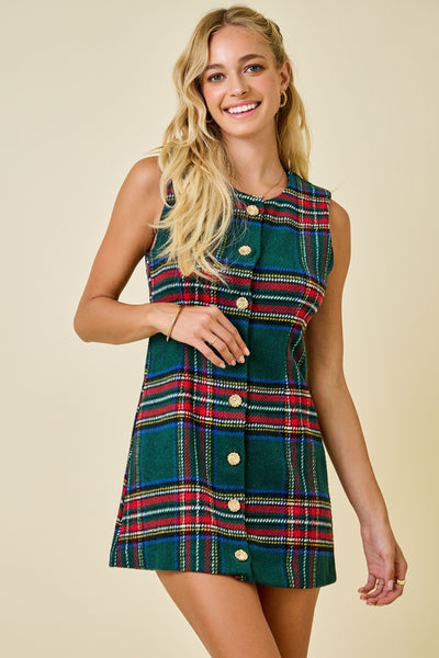 Plaid Sleeveless Button Down Mini Dress