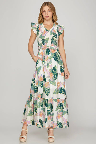 Tropical Print Tiered Skirt Maxi Dress