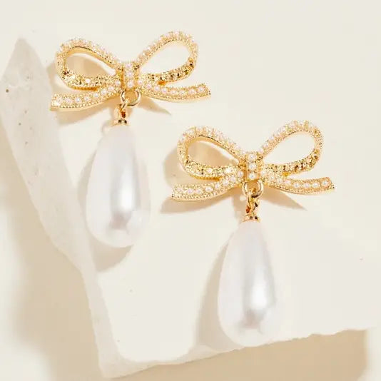 Ribbon Bow Teardrop Pearl Drop Post Earrings