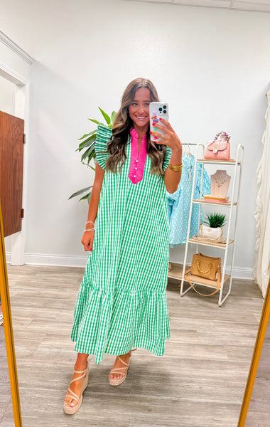 Gingham Flutter Sleeve Midi Dress