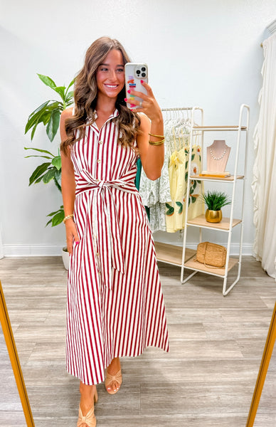Striped Sleeveless Collared Midi Dress