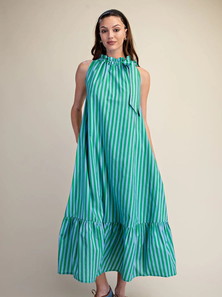 Stripe Ruffle Neck Tie Midi Dress