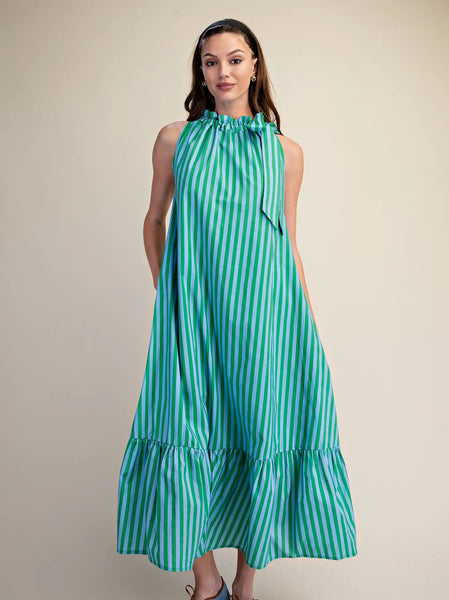 Stripe Ruffle Neck Tie Midi Dress