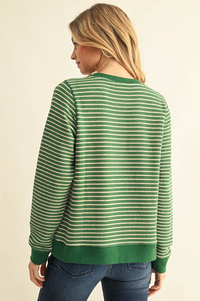 V Notched Neck Textured Stripe Sweatshirt