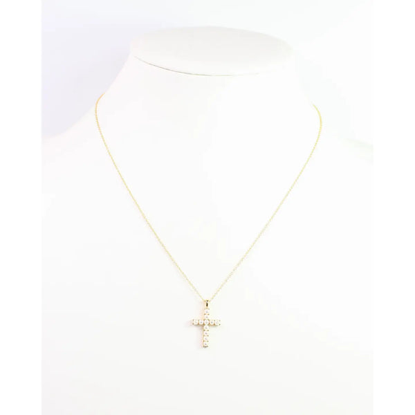 Erica Pearl Cross Necklace Wr Gold