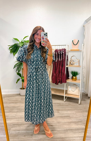 Floral Eyelet Lace Button Down Midi Dress