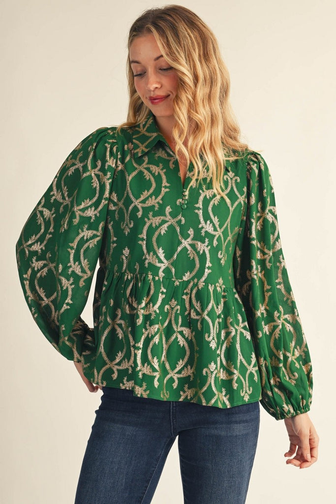Puff Sleeve Leaf Foil Print Blouse