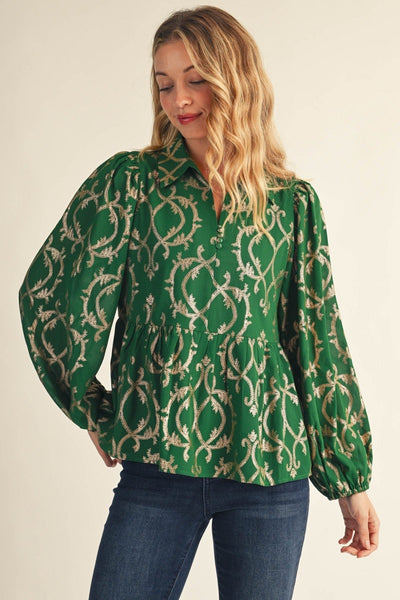 Puff Sleeve Leaf Foil Print Blouse