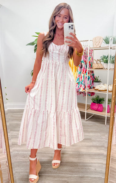 Floral Stripe Button Detail Maxi Dress