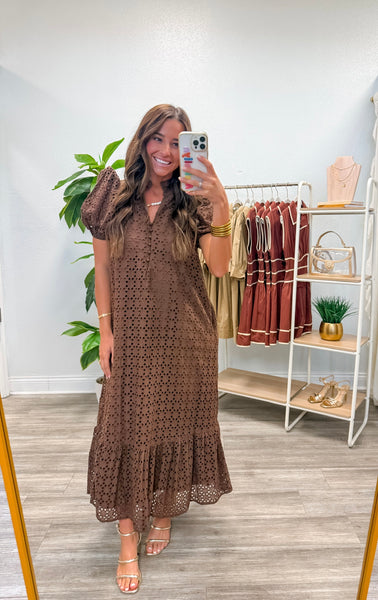 Eyelet Short Puff Sleeve Midi Dress