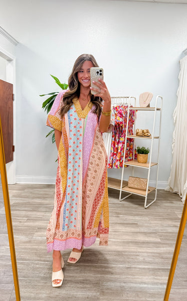Patchwork Print Deep V-Neck Dress
