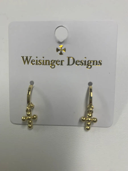 Gold Huggie Earring with Dangling Cross