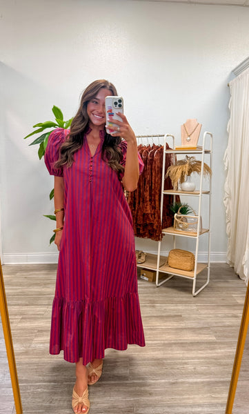 Stripe Short Puff Sleeve Midi Dress