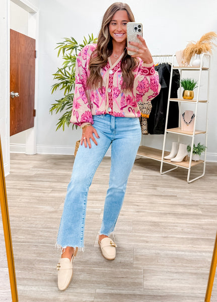 Jacquard Knit V-Neck Button Down Cardigan