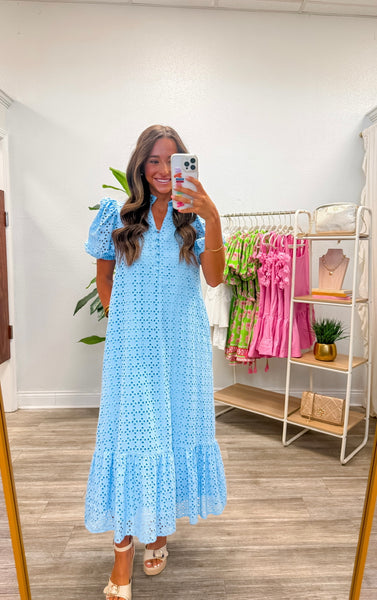 Blue Eyelet Short Puff Sleeve Midi Dress