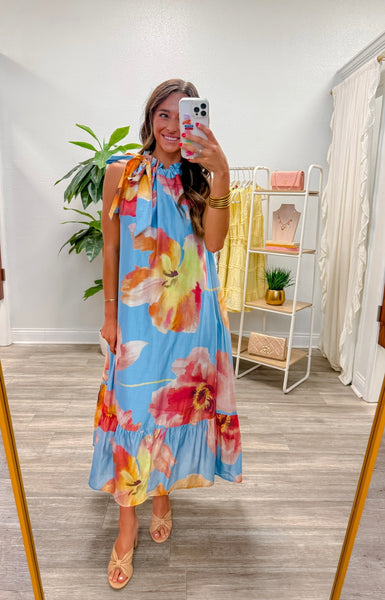 Ruffle Neck Tie Sleeveless Midi Floral Dress