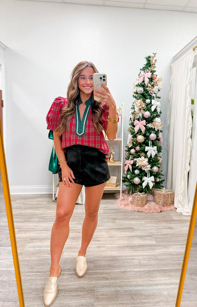 Plaid Pattern Cuff Band Short Sleeve Top