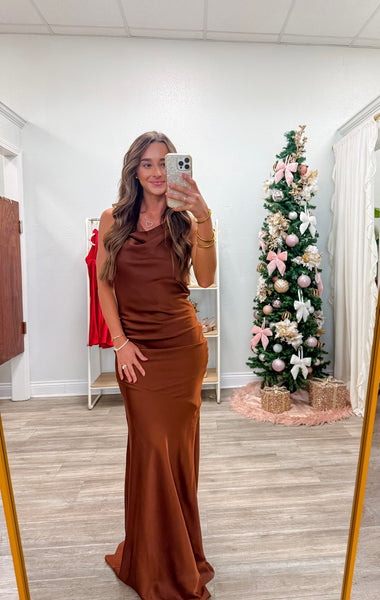 Cowl Neck Backless Satin Maxi Dress