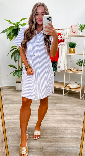 Striped Seersucker Shirt Dress W/ Pockets