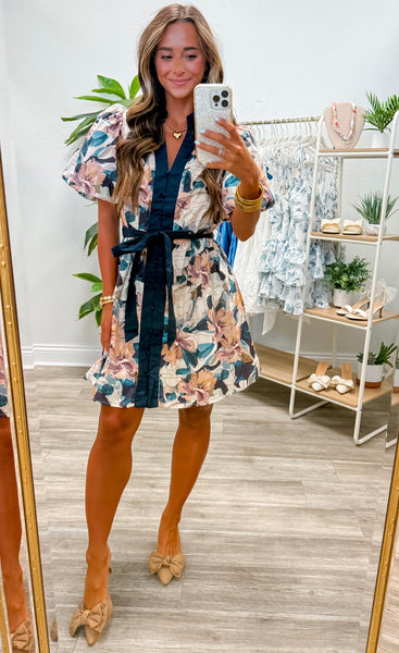 Floral Short Bubble Sleeve Mini Dress