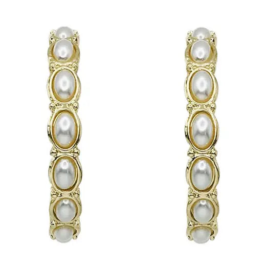 Gold Hammered and Pearl Circle 2" Hoop Earring