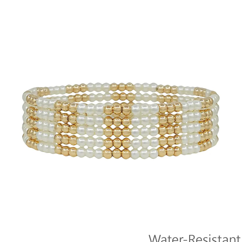 Water Resistant Set of 5 Gold and Pearl 3mm Beaded Stretch Bracelet Set