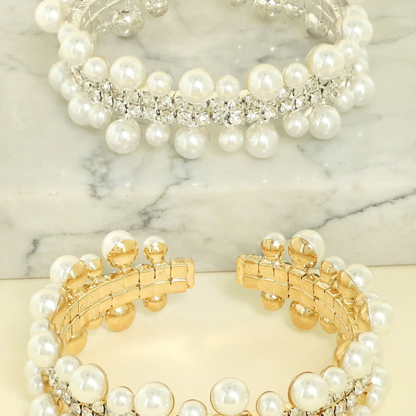 Metallic Rhinestone Pearl Flex Cuff Bracelet