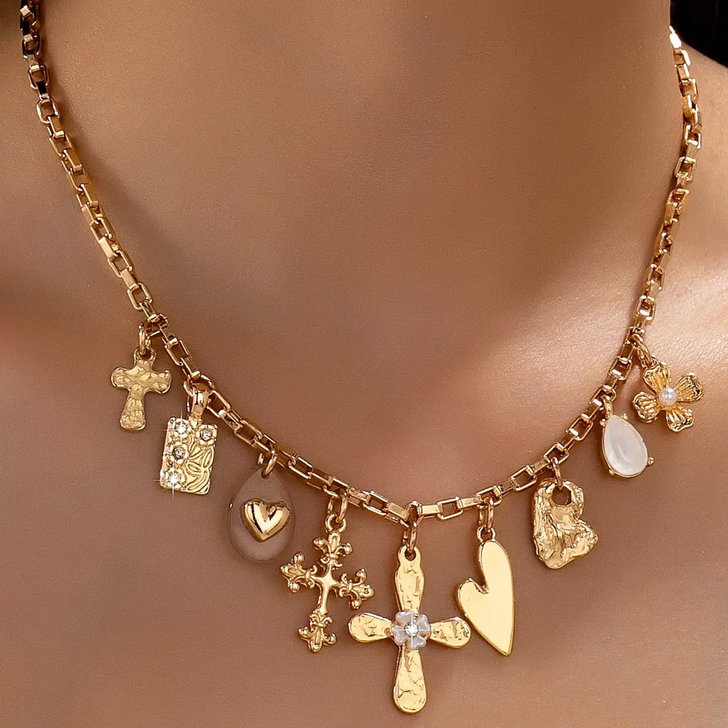 Vintage Gold Cross & Heart Charm Necklace