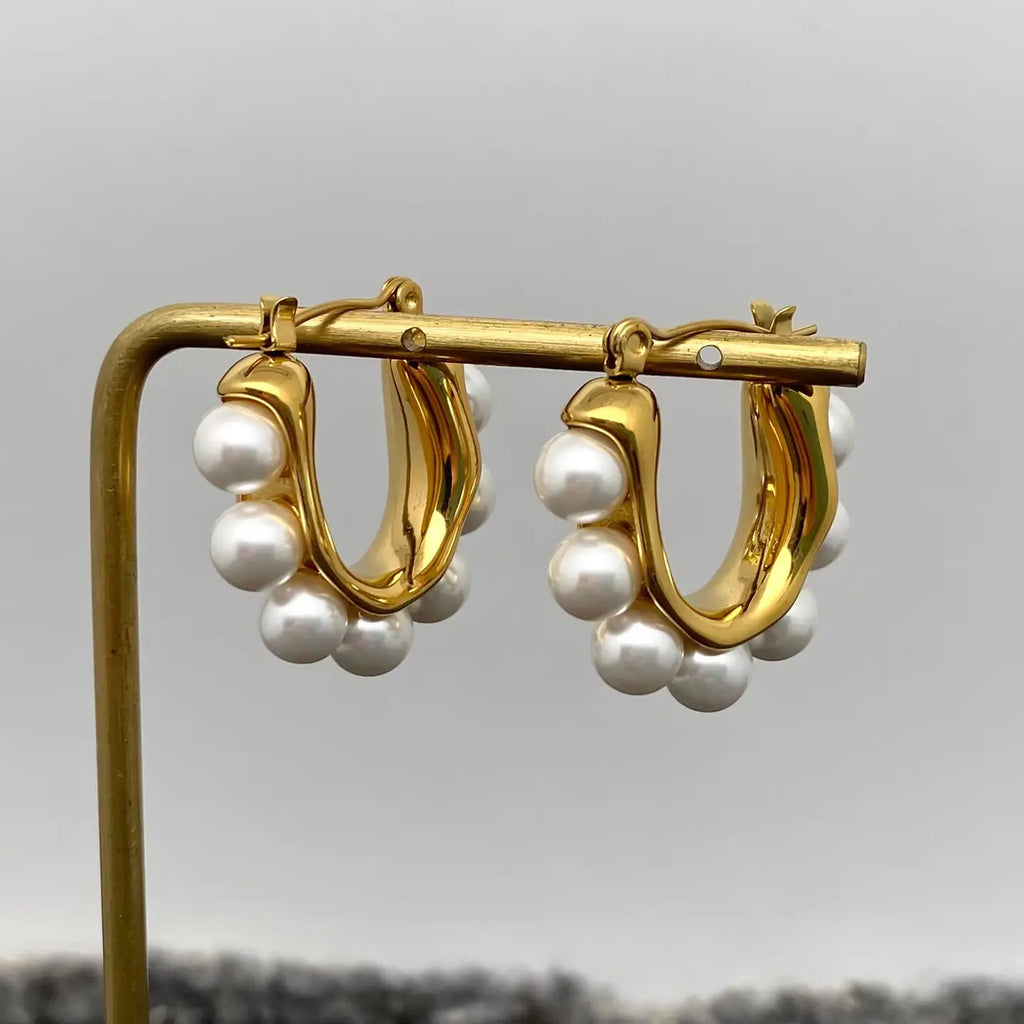 Inlaid Pearls 18K Gold Plated Hoop Earrings