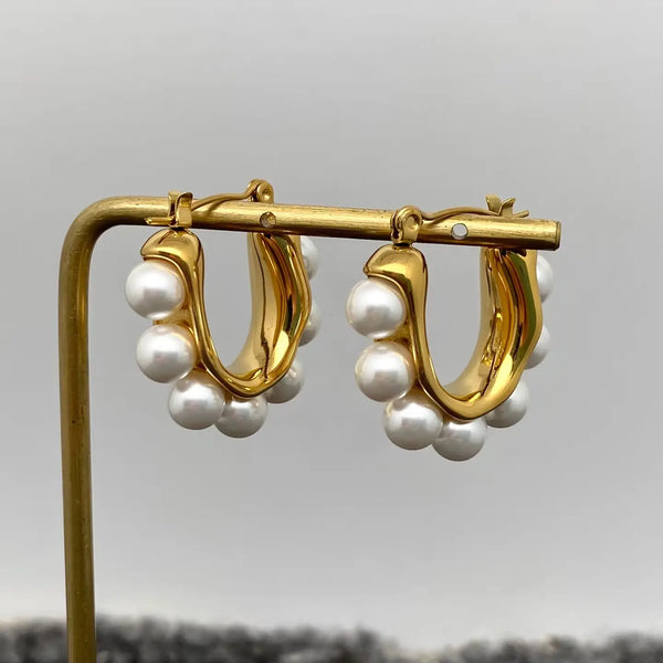 Inlaid Pearls 18K Gold Plated Hoop Earrings
