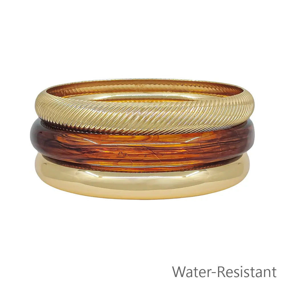 Water Resistant Set of 3 Acrylic Gold & Brown Bangles