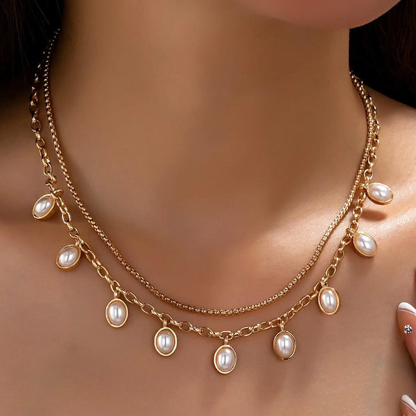 Layered Gold Chain Pearl Charm Necklace