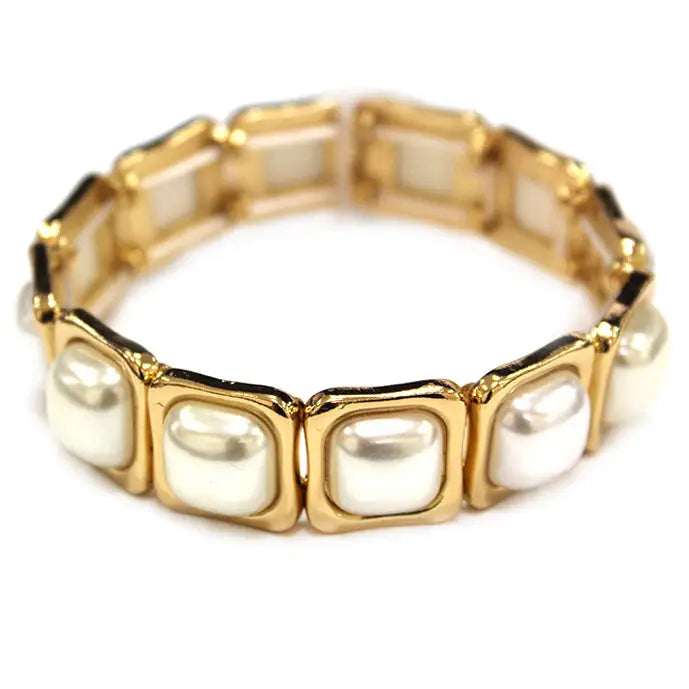 Gold Square with Pearl Stretch Bracelet