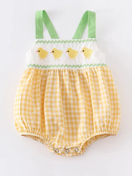 Yellow Plaid Chicken Applique Boy Romper