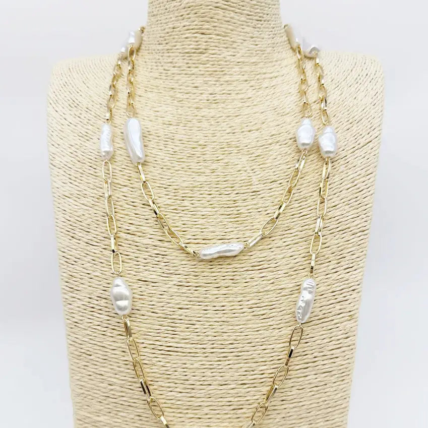 Gold Chain with Oval Pearl Layered Necklace