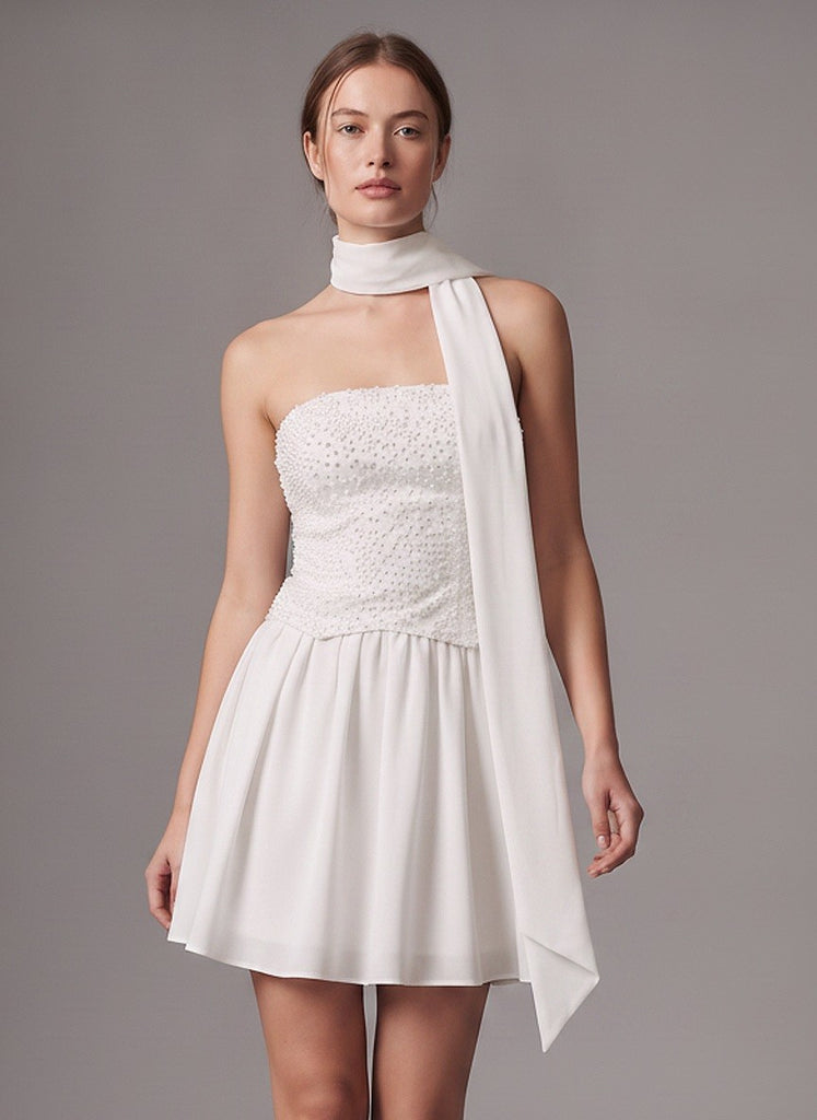 Beaded Strapless Tulle Mini Dress