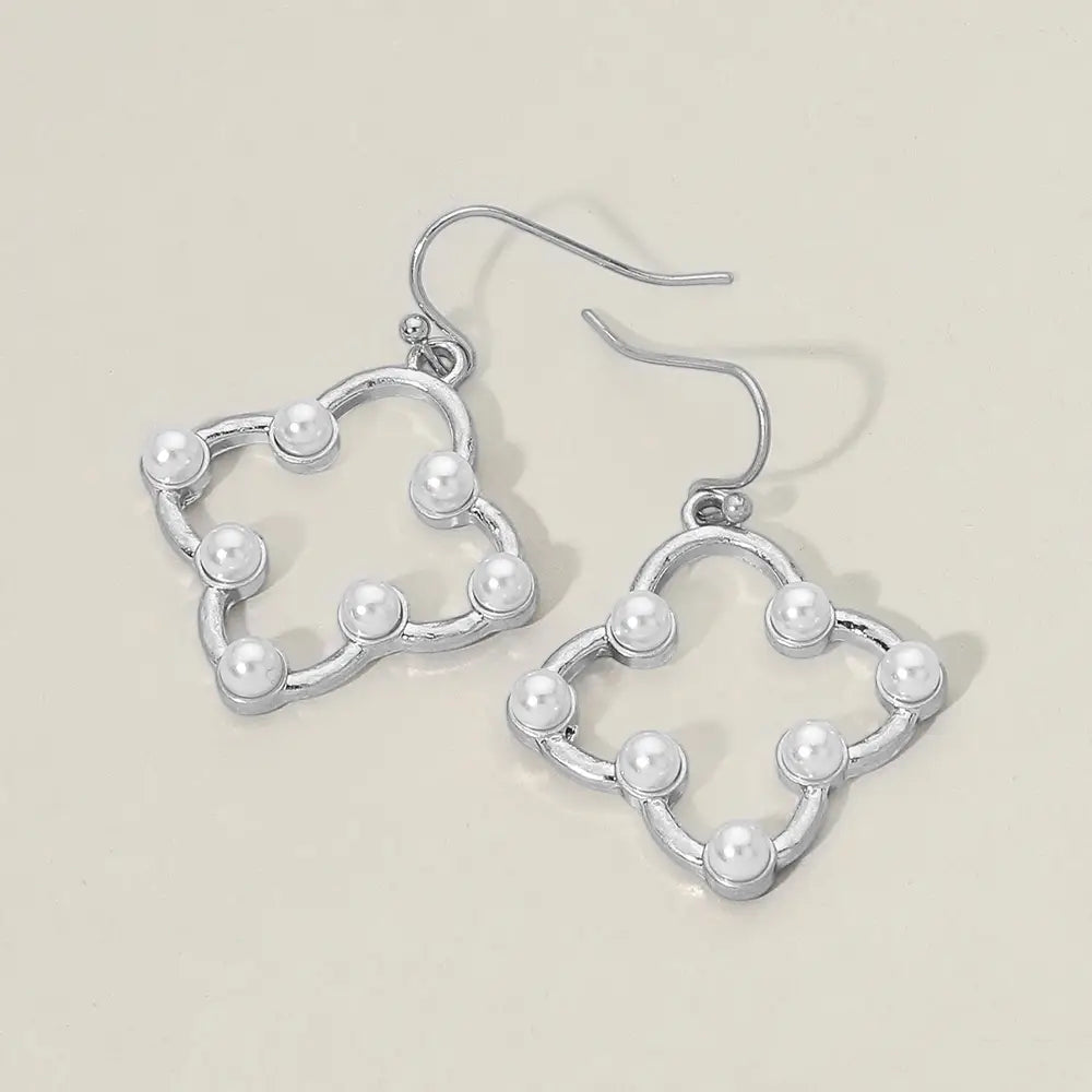 Pearl Accent Open Quatrefoil Drop Dangle Earrings