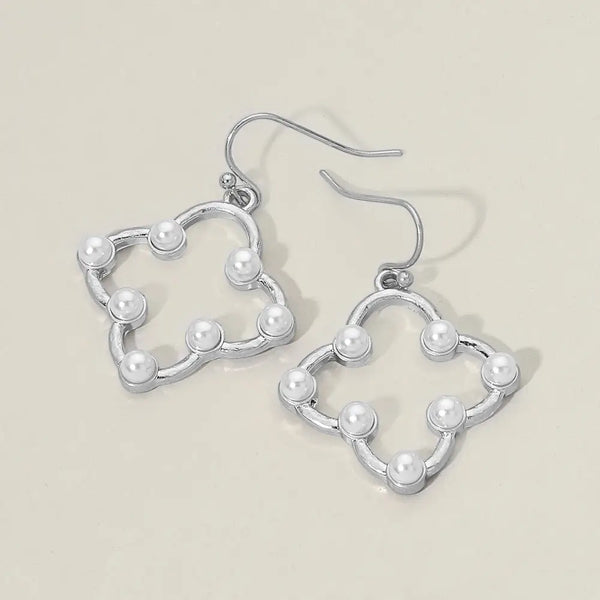 Pearl Accent Open Quatrefoil Drop Dangle Earrings
