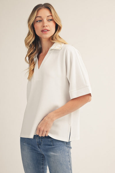 Side Slit Hem Solid V-Neck Top