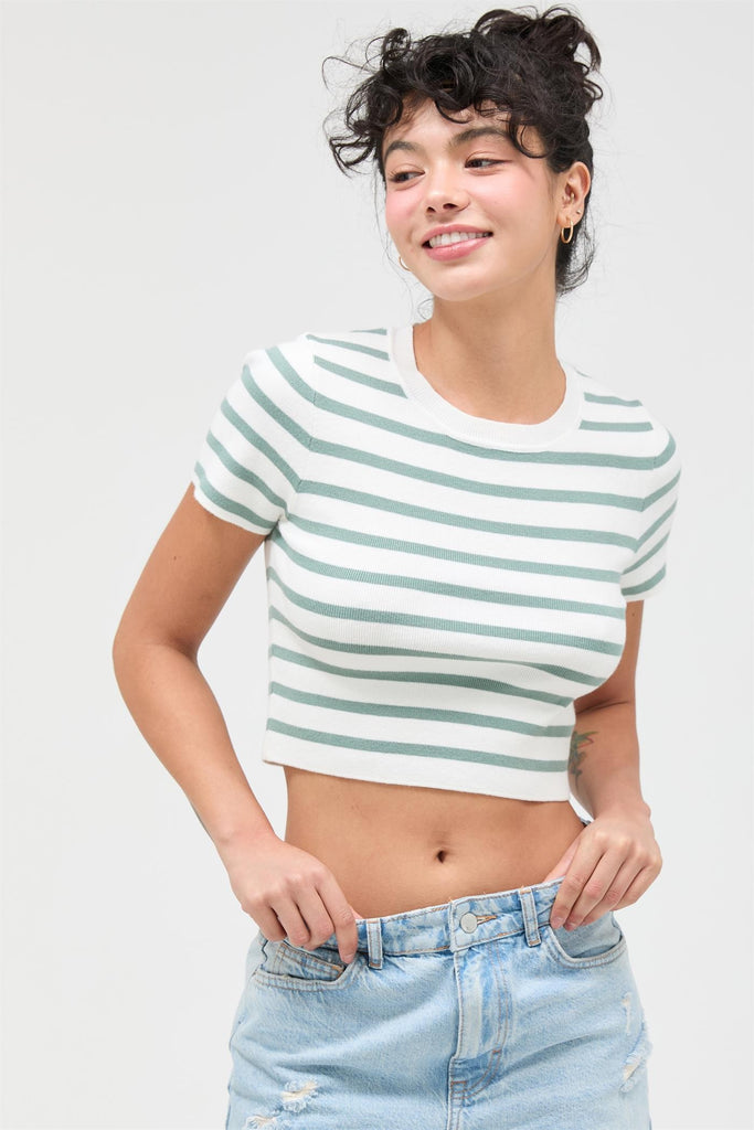 Striped Knit Crew Neck Crop Top