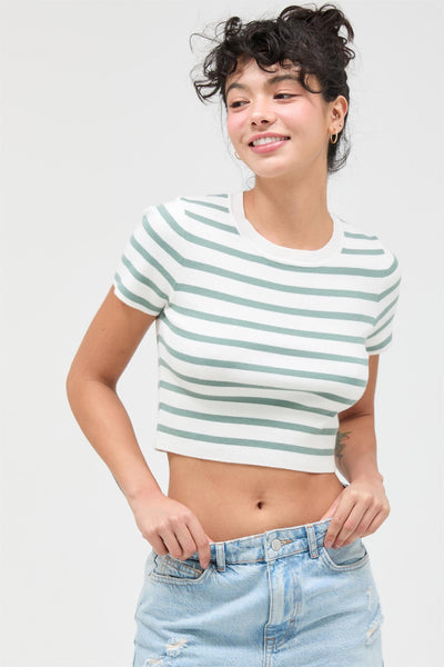 Striped Knit Crew Neck Crop Top