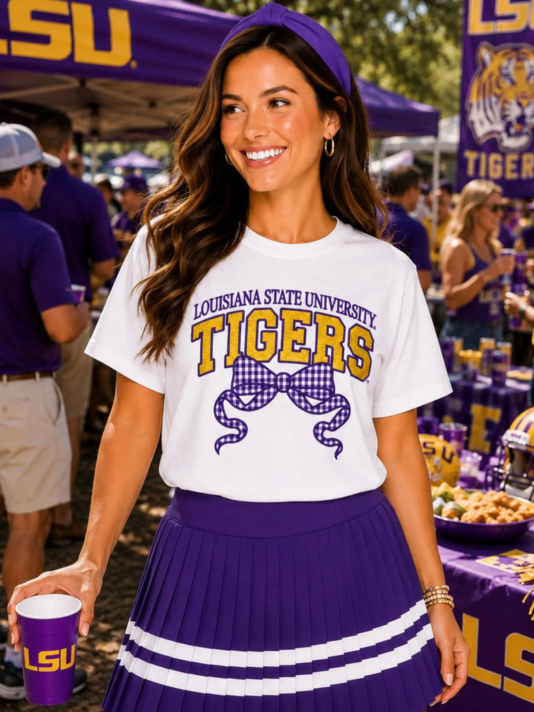 Lsu Gingham Bow Gameday Tee