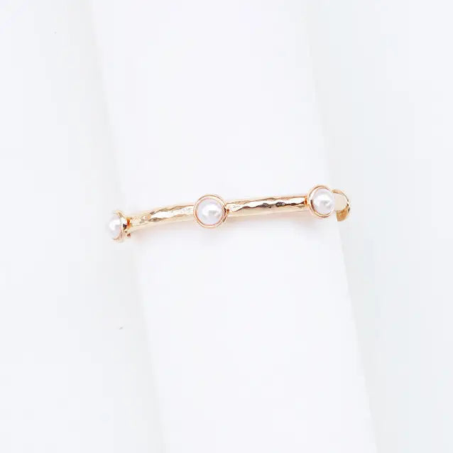 Gold Hammered Stretch Bracelet w/ Pearl Oval Accents