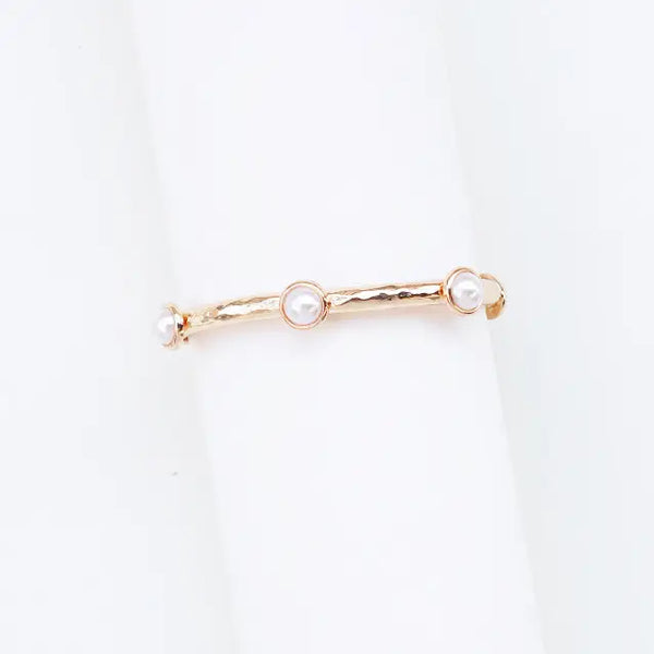 Gold Hammered Stretch Bracelet w/ Pearl Oval Accents