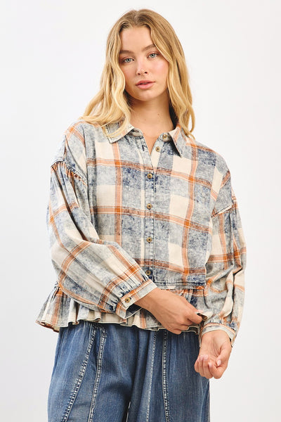 Washed Plaid Balloon Sleeve Top