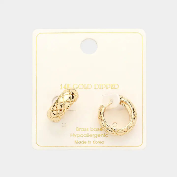 14K Gold Dipped Brass Metal Patterned Huggie Hoop Earrings
