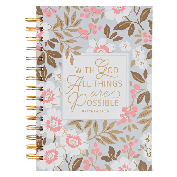 Journal Spiral White Floral with God All Things Matt. 19:26