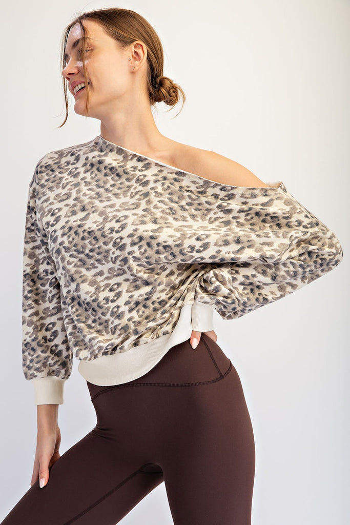 Animal Print Terry Off Shoulder Sweatshirt