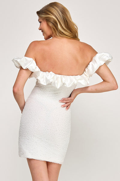Satin Off Shoulder Ruffle Tube Mini Dress