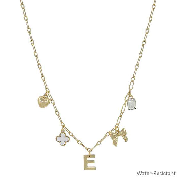 Water Resistant Gold Chain Initial Charm w/ Clover, Puffy Heart, Bow Necklace